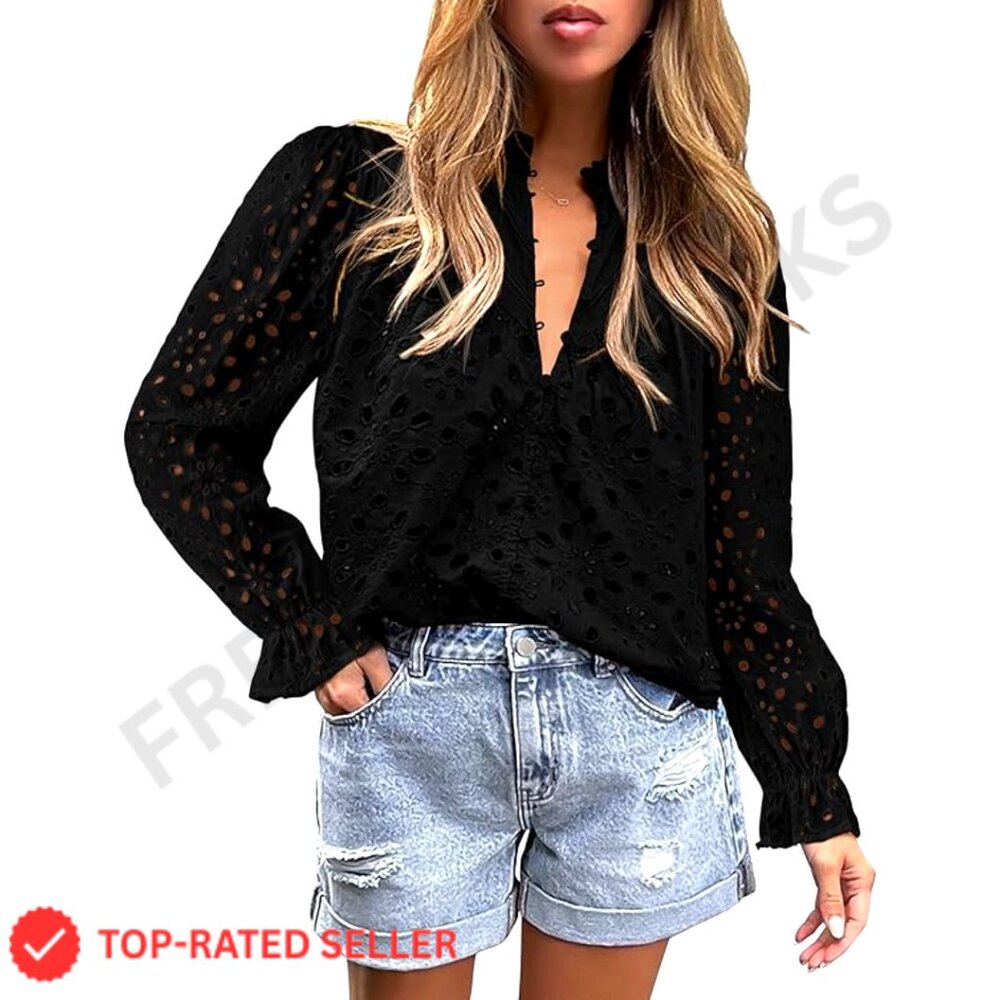 Puff Sleeve Blouse Hollow Out Lace Embroidered V Neck Button Up Chic